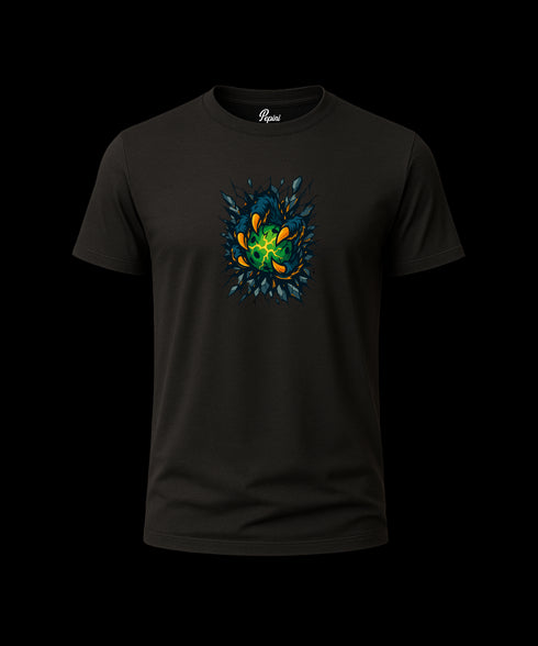Black t-shirt with a colorful abstract design on a white background